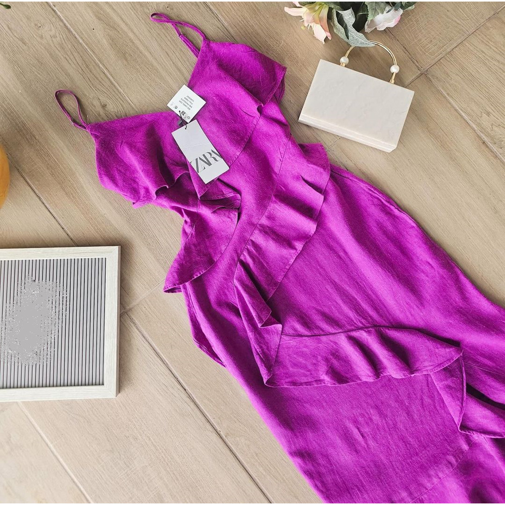 ZARA Purple Linen Blend Ruffle Midi Dress NWT Wedding Guest Resort - Picture 16 of 16
